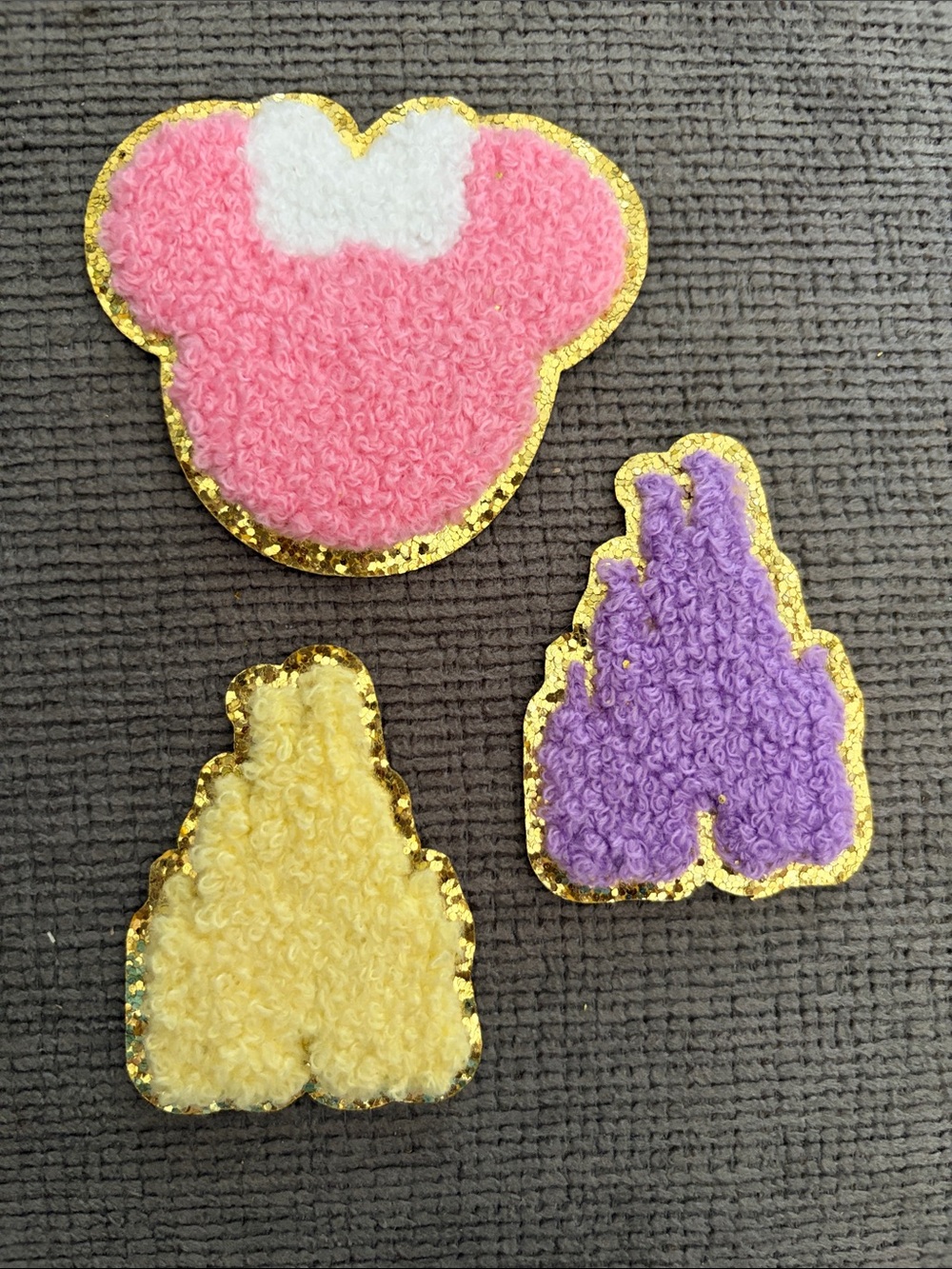 Pink lavender and yellow Minnie and Castles Chenille Iron On Patch Set with Gold